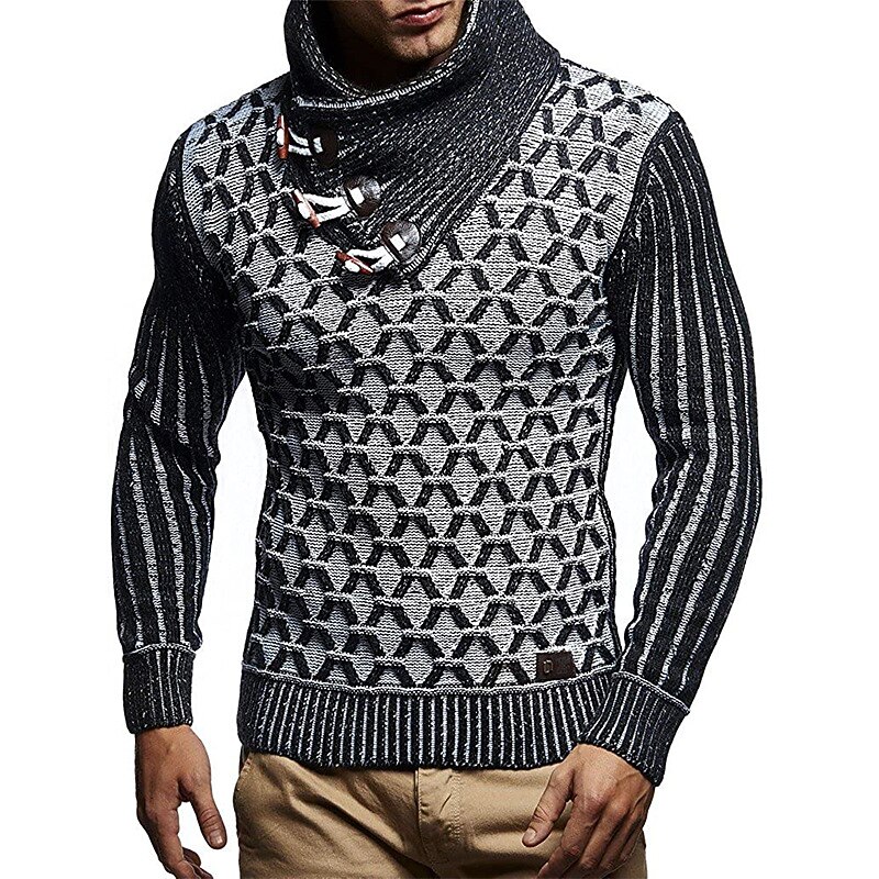 Men's Sweater Pullover Sweater Jumper Turtleneck Sweater Cable Knit Button Knitted Geometric Turtleneck Stylish Vintage Style Clothing Apparel Fall Winter White / Black Black S M L3