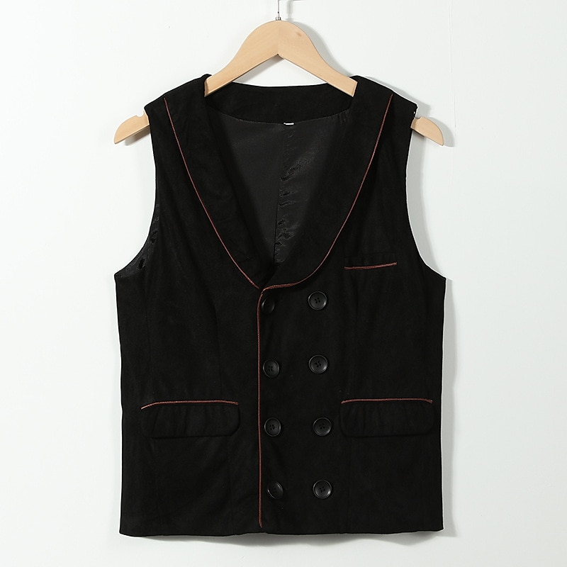 Men's Vest Suit Vest Gilet Party Evening Wear Festival Vintage Casual Polyester Solid Colored Double Breasted V Neck Slim Black Vest2