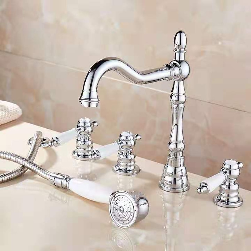 Bathtub Faucet - Contemporary Chrome Roman Tub Ceramic Valve Bath Shower Mixer Taps / Three Handles Two Holes2