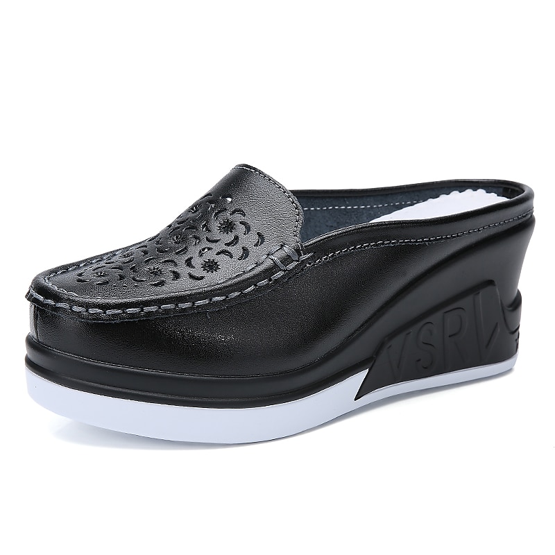 Women's Black Wedge Slip-On Shoes – Stylish Embossed Leather Loafers with Comfortable Platform for Casual and Everyday Wear