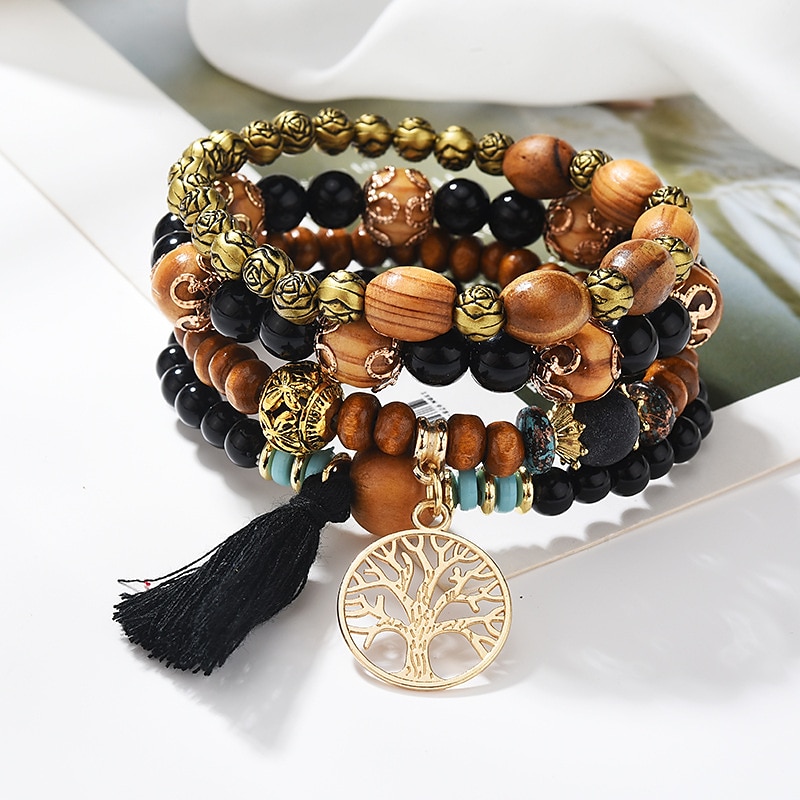 Women's Bead Bracelet Vintage Bracelet Layered Fashion Tree of Life Flower Elegant Fashion Personalized Tassel Bohemian Alloy Bracelet Jewelry Black / White / Pink For Gift Holiday Date Beach Festival4