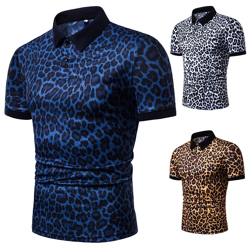 Men's Leopard Polo Shirts Golf Shirt Short Sleeve Polo Shirts Collared Shirts Casual Streetwear Vacation Wear Buttons 3D Print White Yellow Navy Blue3
