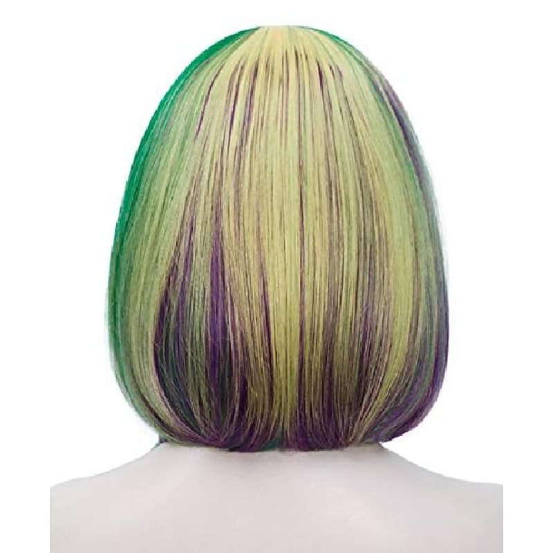 Short Purple Green Yellow Wigs for Women, 12'' Colorful Bob Hair Wig with Bangssynthetic Full Wig, Cute Colored Wigs for Mardi Gras Party Cosplay Carnival Bu027M4
