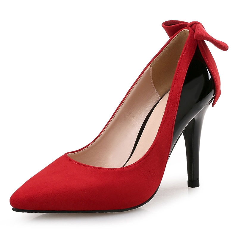 Red and Black Pointed-Toe Stiletto Heels – Elegant Suede Bow Pumps for Women, Party & Evening Wear