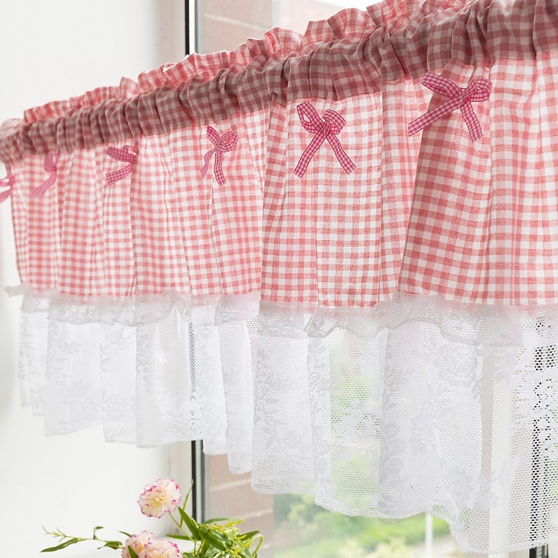 Kitchen Curtains, Valance Curtains, Short Cafe Curtains Farmhouse Tier Curtains Short Window Treatments With Lace 1 Panel Rod Pocket Plaid3