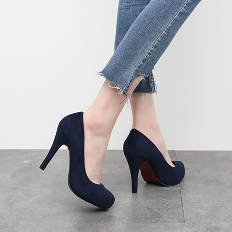 Elegant Women's Navy Blue Suede High Heel Pumps - Classic Round Toe Stiletto Heels for Evening and Office Wear4