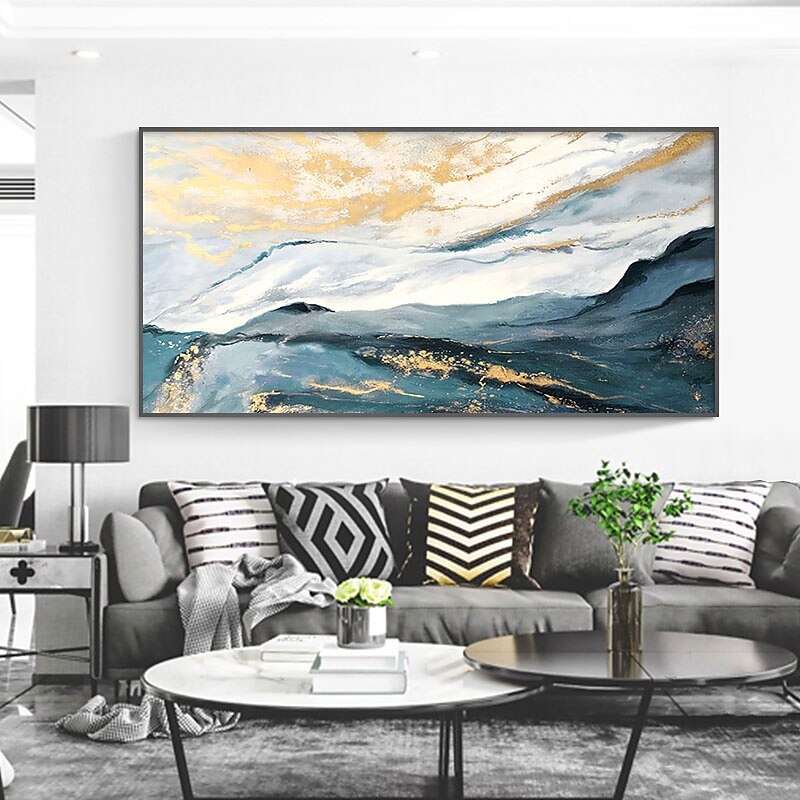 Handmade Oil Painting Canvas Wall Art Decoration Blue and Golden Abstract Rolling Hills for Home Decor Rolled Frameless Unstretched Painting3