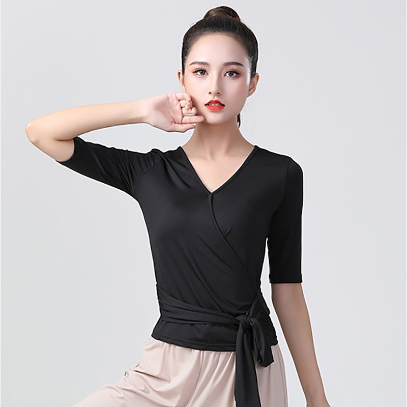 Latin Dance Top Cinch Cord Women's Training Daily Wear Half Sleeve Elastane2