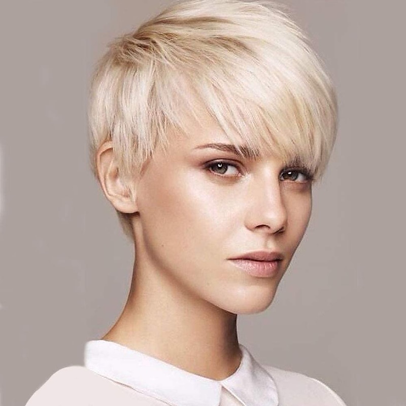 Short Pixie Cuts Hair Wigs Ombre Platinum Blonde Natural Straight Heat Resistant Synthetic Wigs with Bangs Natural Daily Use Wig