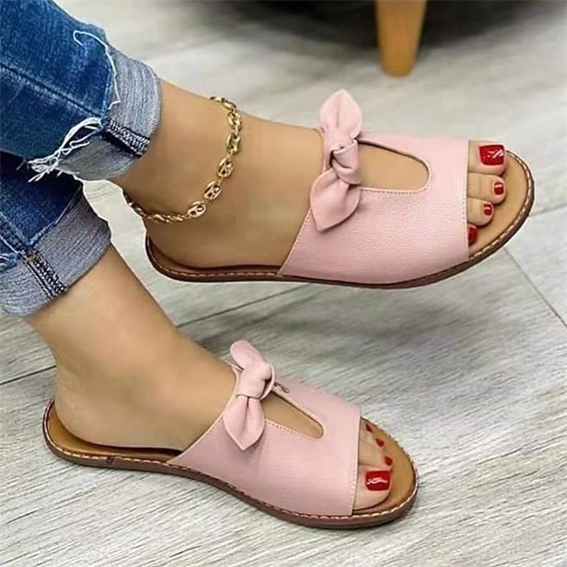 Women's Pink Slip-On Sandals with Bow Accent and Open-Toe Design – Cute and Comfortable Casual Footwear for Summer