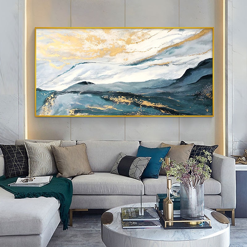 Handmade Oil Painting Canvas Wall Art Decoration Blue and Golden Abstract Rolling Hills for Home Decor Rolled Frameless Unstretched Painting4