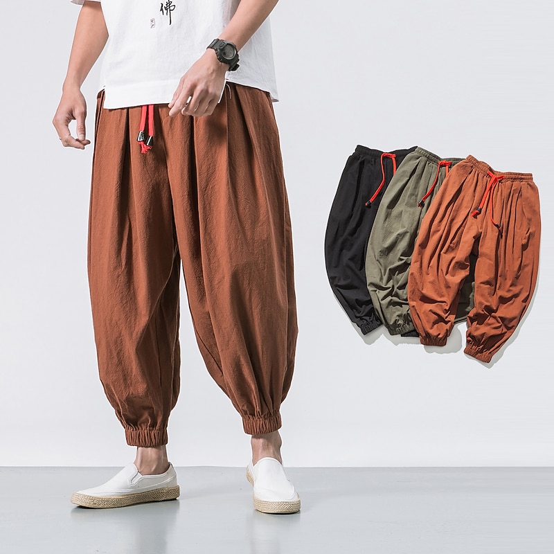Men's Linen Pants Trousers Summer Pants Beach Pants Jogger Pants Drawstring Classic Plain Outdoor Ankle-Length Home Daily Stylish Classic Style Loose Fit Black Brown Micro-elastic