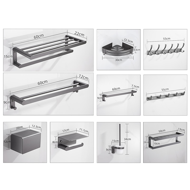 Bathroom Accessory Set,Bathroom Hardware Space Aluminium Wall Mounted Gun GreyTowel Rack /Corner Shelf/Robe Hook/Toilet Paper Holder/Towel Bar/Toilet Brush Holder2