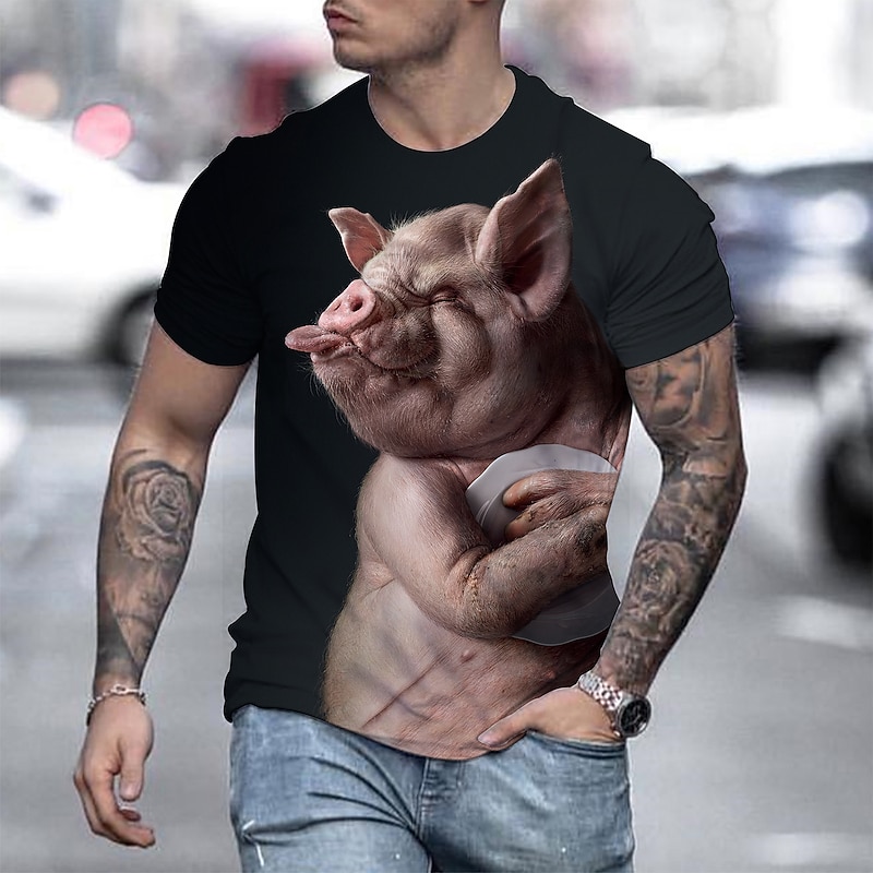 Men's Graphic Animal 3D Pig T Shirt Tee Funny T Shirts Short Sleeve T shirt 3D Print Round Neck Shirt Streetwear Exaggerated Cool Vacation Daily Holiday Rainbow Clothing Apparel Plus Size S M L XL