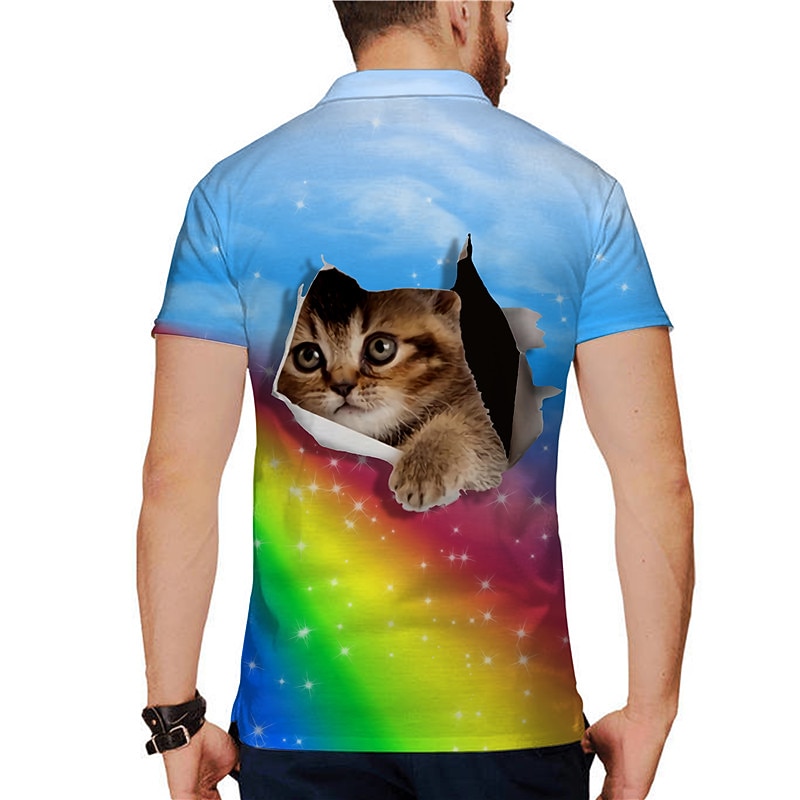Men's Cat Polo Shirts Golf Shirt Short Sleeve Polo Shirts Collared Shirts Casual Funny Streetwear Vacation Wear Party Outfits Buttons 3D Print Yellow Pink Blue2