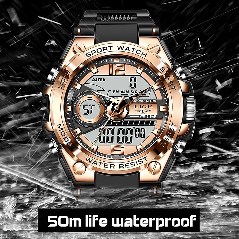 LIGE Men Digital Watch Chronograph Military Sports Waterproof Dual Display Calendar Chronograph Waterproof Silicone Strap Watch3