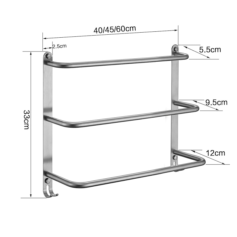 Bathroom Three-layer Shelf with Hooks Stainless Steel Multi-function Towel Rack Polished Silver and Brushed Nickel 1pc3