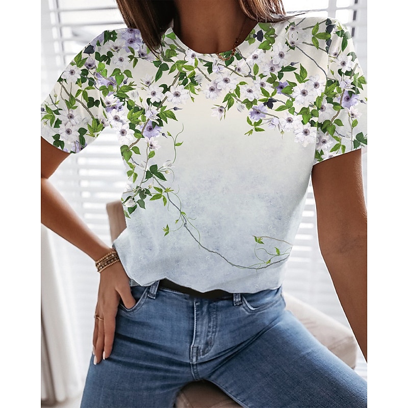 Women's T Shirt Vacation Daily Basic Floral Print Short Sleeve Regular Tops Round Neck Vacation Casual Daily White Pink Green3