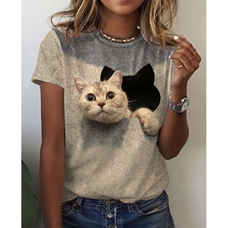Women's T shirt Tee Black White Blue Graphic Cat Print Short Sleeve Daily Weekend Vintage Round Neck Regular 3D Cat Painting S 7