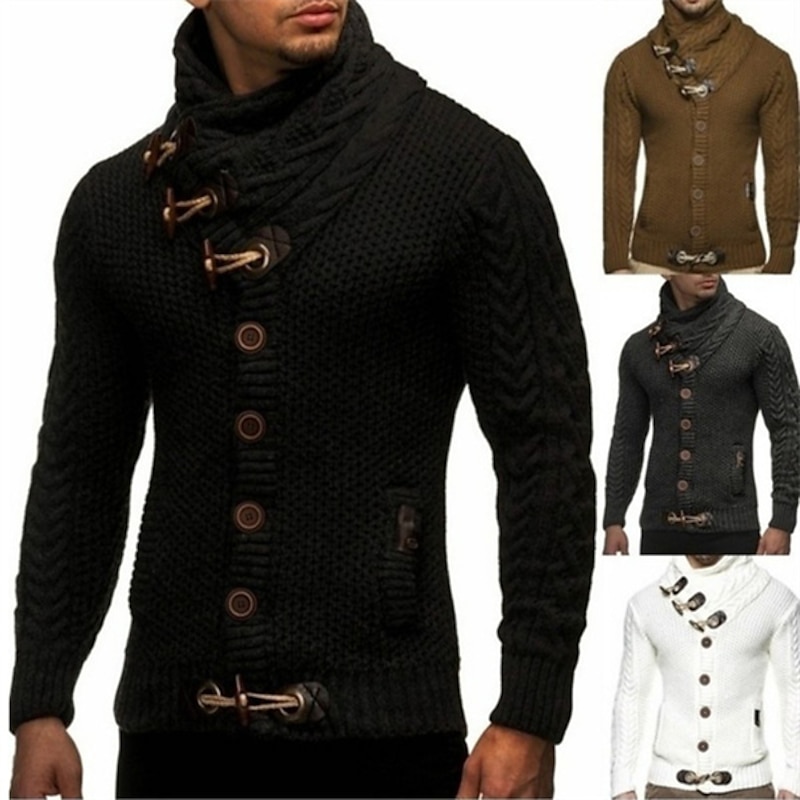 Men's Pullover Sweater Jumper Turtleneck Sweater Cable Crochet Knit Regular Classic Solid / Plain Color Standing Collar Basic Clothing Apparel Raglan Sleeves Winter Camel Black S M L - Main Image