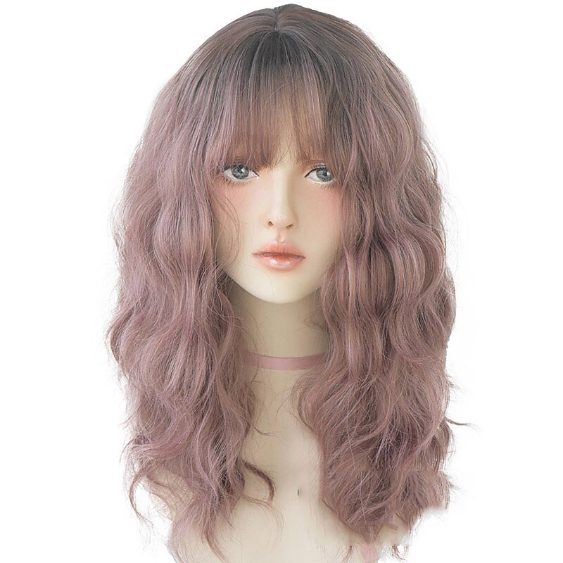 Long Curly Brown Hair Dyed Black On The Top High Temperature Silk Synthetic Wig With Bang Women Fashion Hairs3