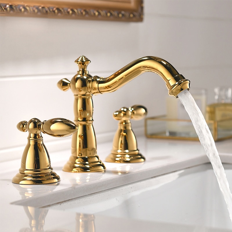 Vintage Widespread Bathroom Sink Mixer Faucet, 360 Swivel Retro Style Brass 3 Hole 2 Handle Basin Tap Deck Mounted, Washroom Basin Vessel Water Tap with Hot and Cold Hose2