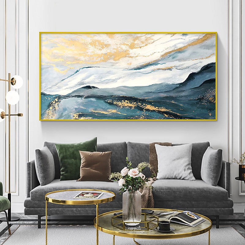 Handmade Oil Painting Canvas Wall Art Decoration Blue and Golden Abstract Rolling Hills for Home Decor Rolled Frameless Unstretched Painting
