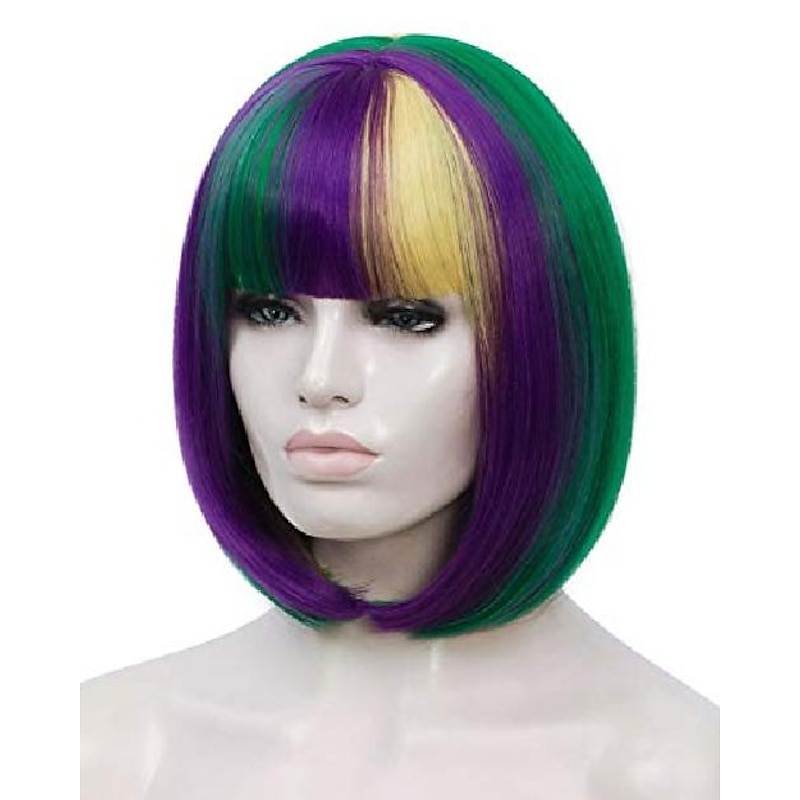 Short Purple Green Yellow Wigs for Women, 12'' Colorful Bob Hair Wig with Bangssynthetic Full Wig, Cute Colored Wigs for Mardi Gras Party Cosplay Carnival Bu027M3