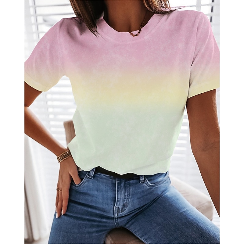 Women's T Shirt Basic Casual Short Sleeve Regular Tops Round Neck Daily Gradient purple Gradient pink Gradient orange4
