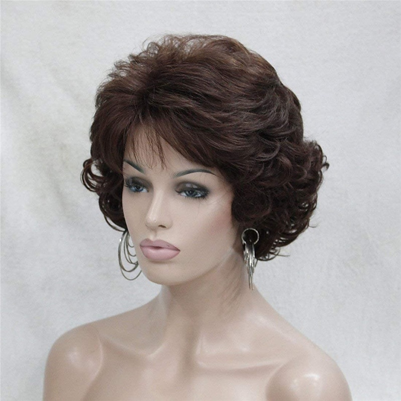 Dark Brown Short Curly Wavy Wig with Hair Bangs 100% Imported Premium Synthetic Fashion Brown Hair Wigs for Women2