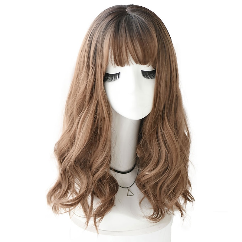 Light Blonde Synthetic Wigs For Women Realistic Long Pastel Brown Grey Wigs With Bangs Medium Wavy Lolita Cosplay Wig Christmas Party Wigs barbiecore Wigs
