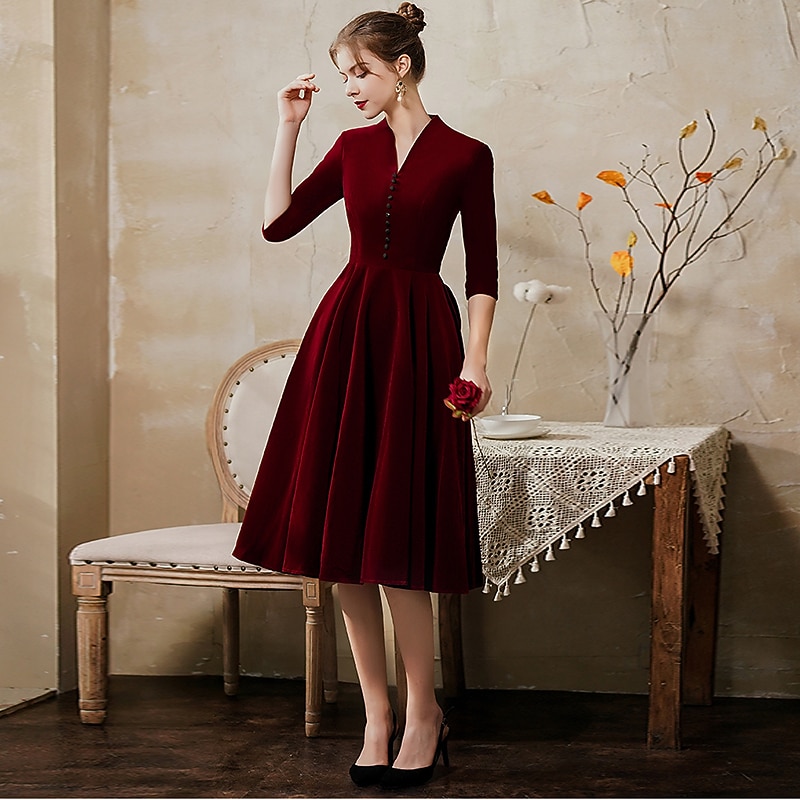 A-Line Cocktail Dresses Vintage Dress Wedding Guest Party Wear Tea Length Half Sleeve V Neck Fall Wedding Guest Velvet with Sleek Dresses