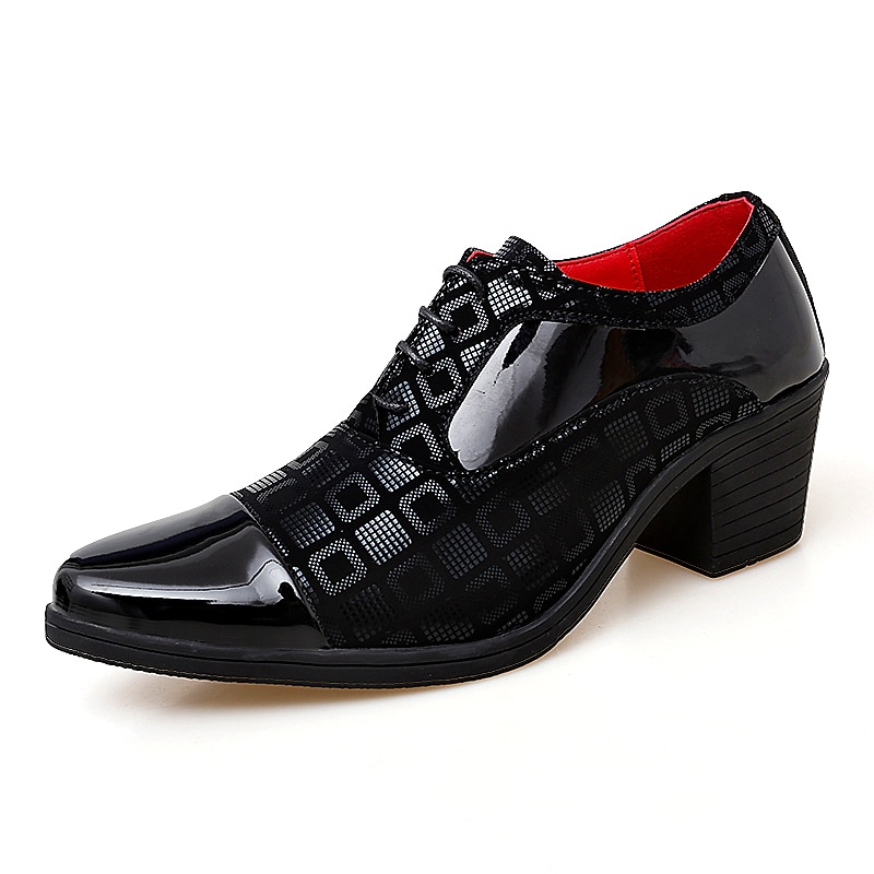 Men's Red and Black Patent Leather Block Heel Oxford Shoes with Geometric Print – Formal Party and Dance Footwear2