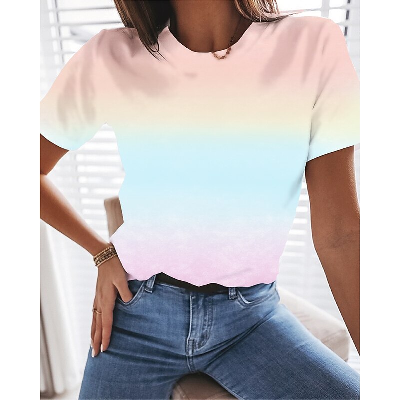 Women's T Shirt Basic Casual Short Sleeve Regular Tops Round Neck Daily Gradient purple Gradient pink Gradient orange3