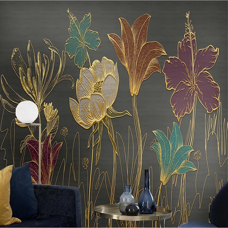 Mural Wallpaper Wall Sticker Covering Print Peel and Stick Removable Gold Floral Flower Canvas Home Décor