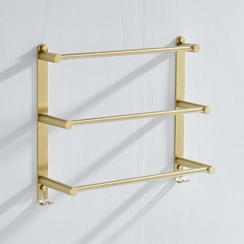 Bathroom Three-layer Shelf with Hooks Stainless Steel Multi-function Towel Rack Wall Mounted Matte Gold and Brushed Nickel 1pc4