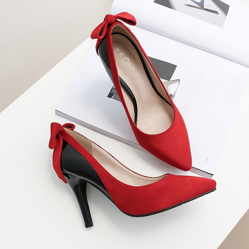 Red and Black Pointed-Toe Stiletto Heels – Elegant Suede Bow Pumps for Women, Party & Evening Wear2