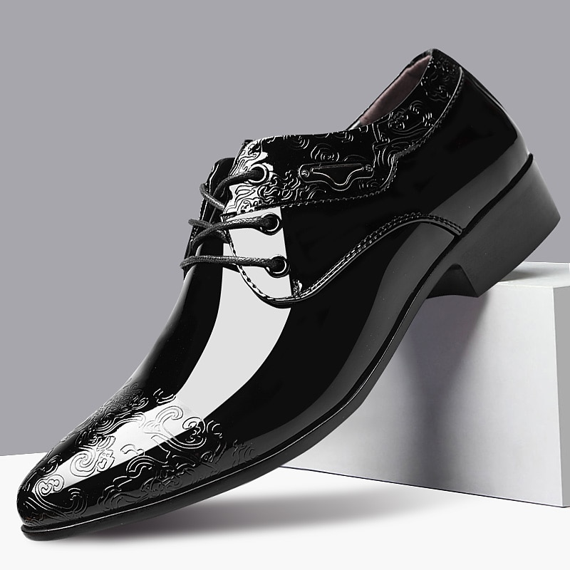 Men's Patent Faux Leather Embossed Dress Shoes - Black Formal Business Lace-Up Oxford Shoes for Weddings, Parties, and Events