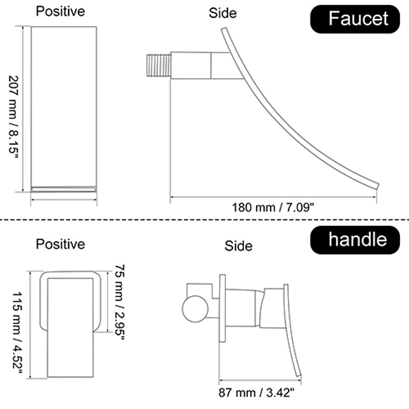 Bathroom Sink Faucet,Modern Style Stainless Steel Slide Shape Design Wall Mount Waterfall Chrome Single Handle Two Holes Bath Taps with Hot and Cold Switch and Valve2