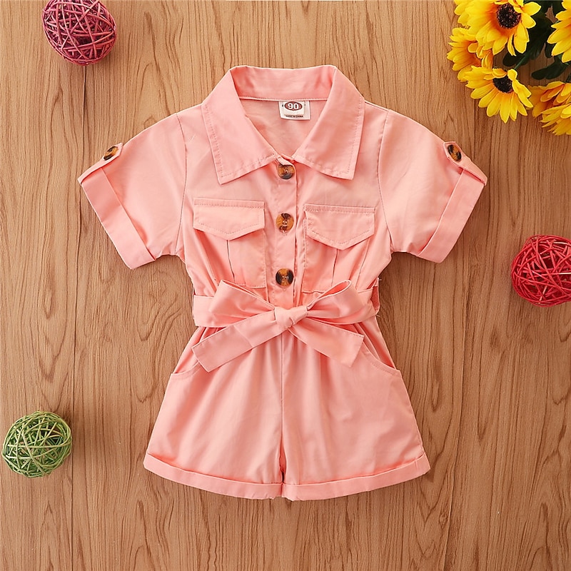 Children's Day Girls' 3D Solid Colored Overall & Jumpsuit Summer Basic Cotton Toddler School2