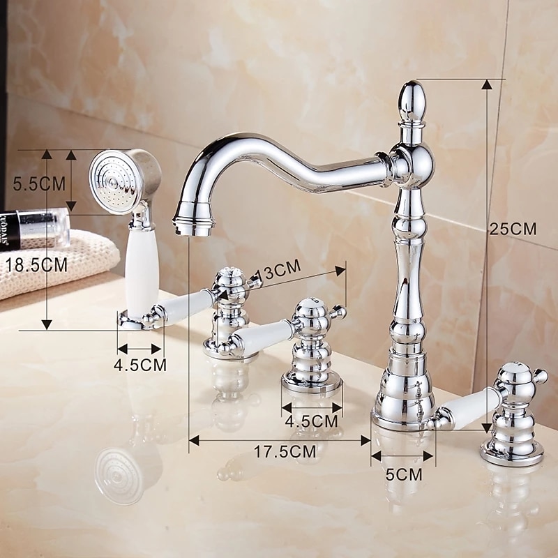 Bathtub Faucet - Contemporary Chrome Roman Tub Ceramic Valve Bath Shower Mixer Taps / Three Handles Two Holes3