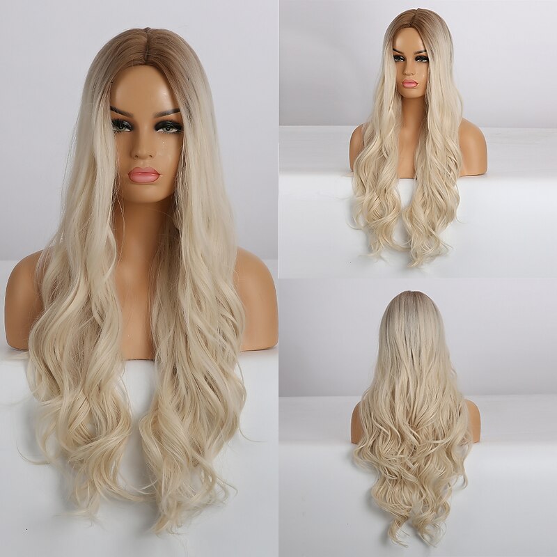 Synthetic Wig Wavy Middle Part Wig Long A24 Synthetic Hair Women's Soft Party Easy to Carry Blonde Pink Black barbiecore Wigs2