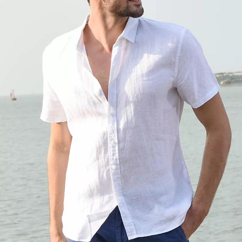 Men's Shirt Linen Shirt Summer Shirt Beach Wear Button Up Shirt Plain Vacation Curise Black White Blue Green Short Sleeve Collar Summer Spring Clothing Apparel
