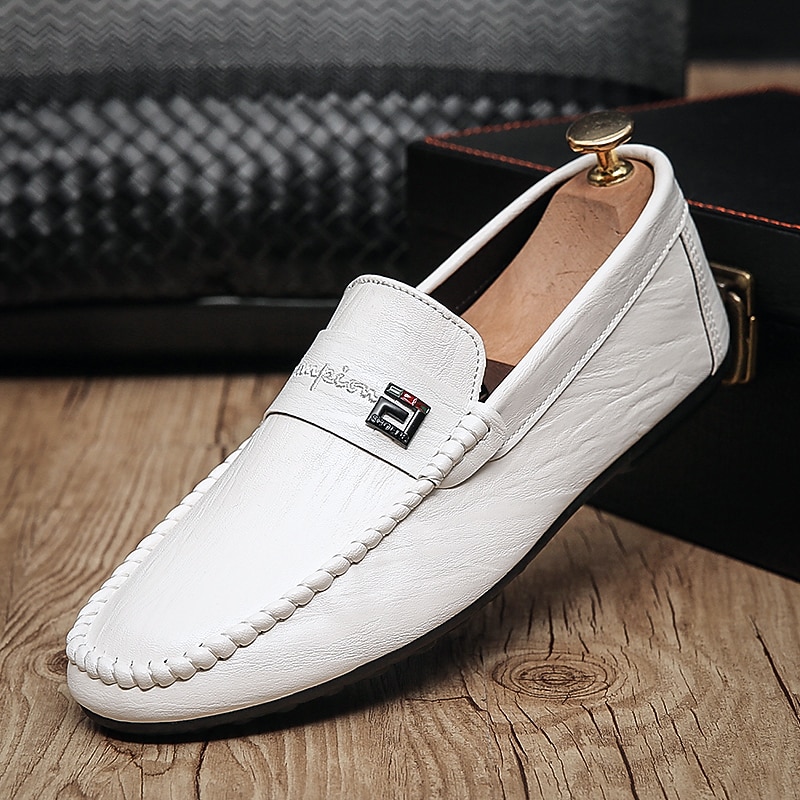 Men's White Faux Leather Driving Shoes Loafers with Elegant Stitching for Casual, Office, and Driving