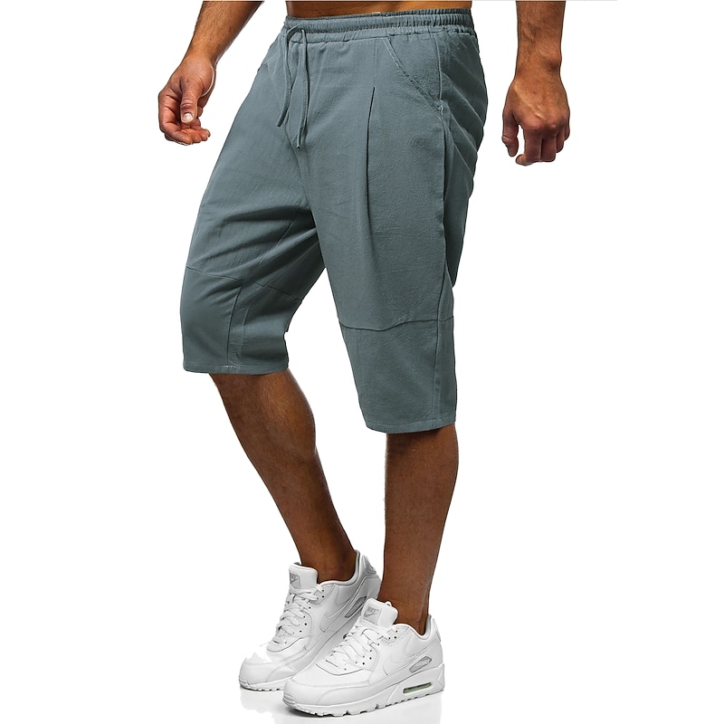 Men's Shorts Linen Shorts Summer Shorts Capri Pants Drawstring Elastic Waist Classic Solid Colored Outdoor Knee Length Daily Going out Stylish Classic Style Slim Gray Green Black Micro-elastic4