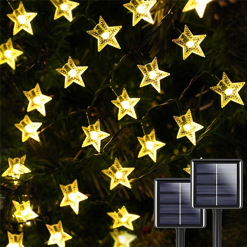 Ramadan Eid Lights LED Solar Star String Lights 40Ft 12M 100LEDs 7M 50LEDs 6.5M 30LEDs 5M 20LEDs 8Modes Twinkle Fairy Lights Waterproof Star Lights for Outdoor Gardens Lawn Patio Landscape Christmas