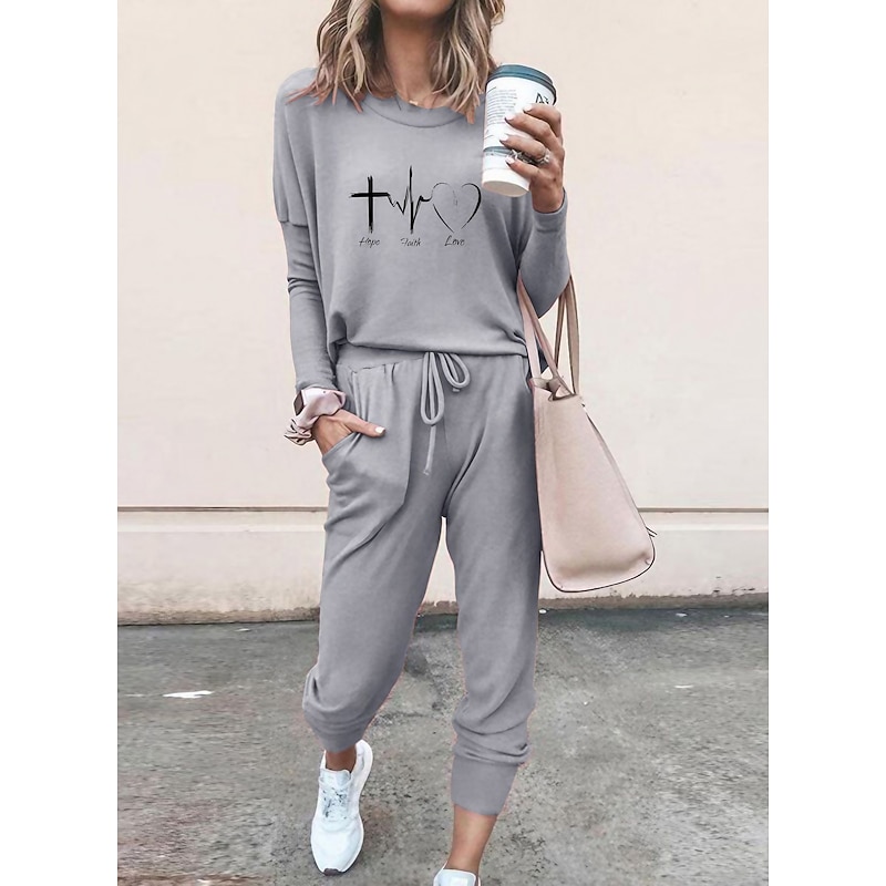 Women's 2 Pieces Sweatshirt Tracksuits Streetwear Basic T Shirt Tracksuit Pants Sets Short Sleeve Crew Neck Heart Drawstring Print Vacation Casual Daily Black Pink Gray Fall & Winter Regular Fit