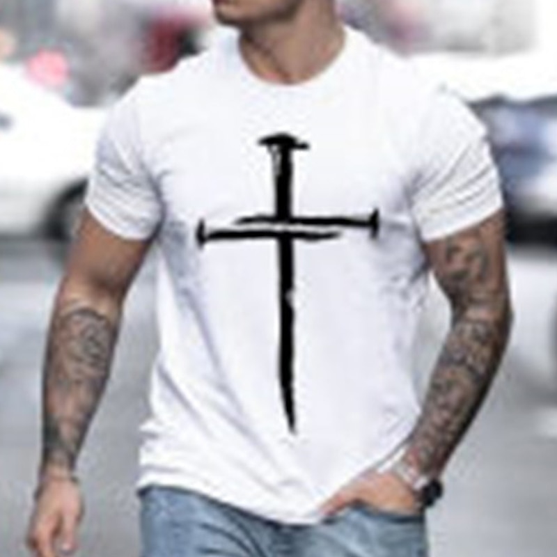 Men's Casual Short Sleeve Graphic T-Shirt with Beige Nail Cross Faith Design3