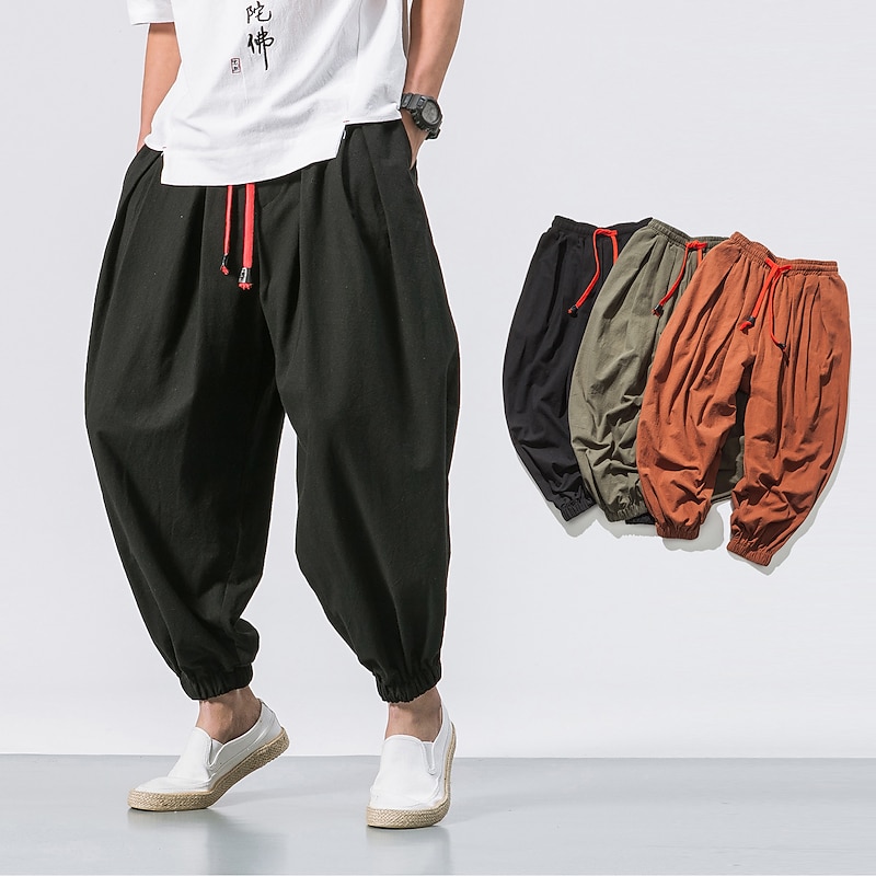 Men's Linen Pants Trousers Summer Pants Beach Pants Jogger Pants Drawstring Classic Plain Outdoor Ankle-Length Home Daily Stylish Classic Style Loose Fit Black Brown Micro-elastic3