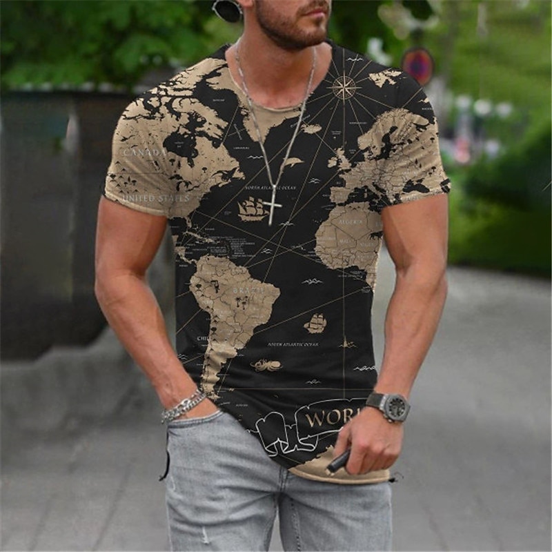 Men's Map Graphic Prints T Shirt Tee Short Sleeve T shirt 3D Print Round Neck Shirt Designer Casual Big and Tall Daily Holiday Black Yellow Blue Summer Clothing Apparel S M L XL XXL 3XL3